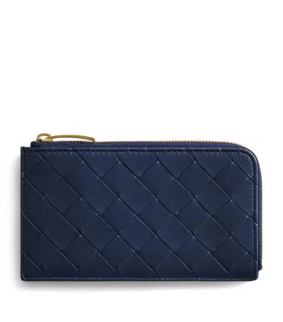 Bottega Veneta Leather Intrecciato L-zip Card Holder In Blue