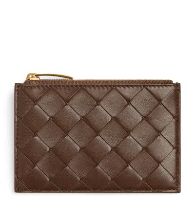 Bottega Veneta Leather Intrecciato Zipped Card Case In Brown