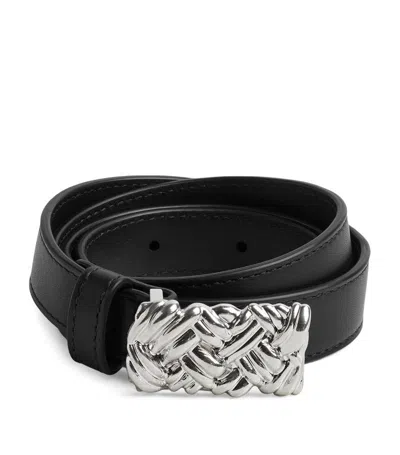 Bottega Veneta Leather Intreccio-buckle Belt In Grey