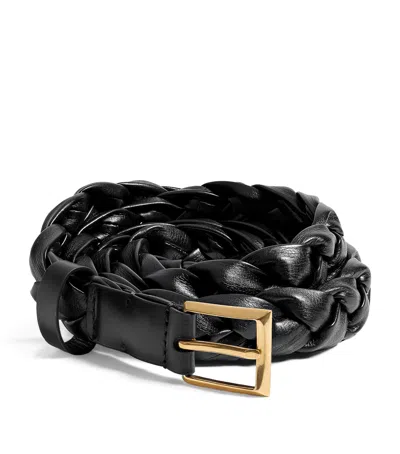 Bottega Veneta Leather Intreccio Solo Belt In Black