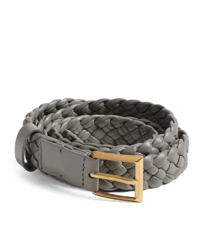 Bottega Veneta Leather Intreccio Solo Belt In Gray