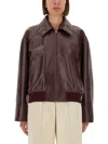 Bottega Veneta Women Bordeaux Crop Jacket With Intreccio Motif Collar And Dropped Shoulders In Leath In Brown