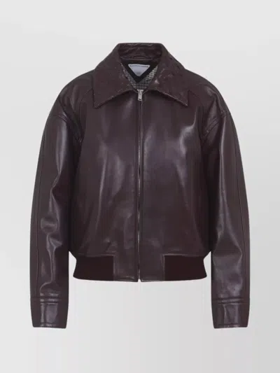 Bottega Veneta Leather Jacket Featuring Intrecciato Collar In Brown