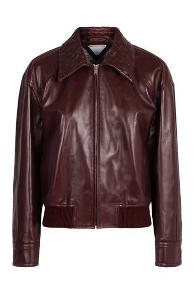 Bottega Veneta Modern Leather Jacket Braided Collar In Burgundy