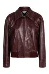 Bottega Veneta Women Bordeaux Crop Jacket With Intreccio Motif Collar And Dropped Shoulders In Leath In Red
