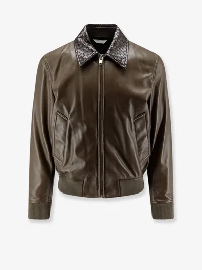 Bottega Veneta Leather Jacket With Ibntrecciato Detail In Green