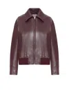 Bottega Veneta Women Bordeaux Crop Jacket With Intreccio Motif Collar And Dropped Shoulders In Leath In Purple