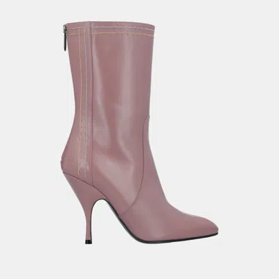Pre-owned Bottega Veneta Leather Mid Calf Boots Size 37.5 In Pink