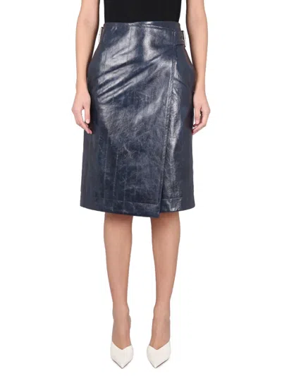 Bottega Veneta Leather Midi Skirt In Blue