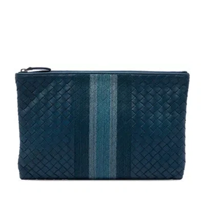 Pre-owned Bottega Veneta Leather Nappa Intrecciato Line Stitch Clutch In Blue