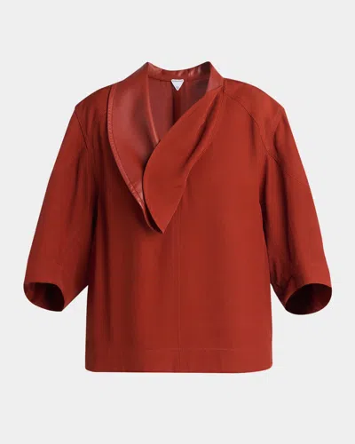 BOTTEGA VENETA LEATHER-NECK GRAINY VISCOSE-LINEN COCOON SHIRT