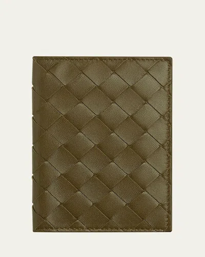 Bottega Veneta Leather Passport Case In 3327 Olive Oil-gold