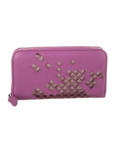 Pre-owned Bottega Veneta Leather Patterned Continental Wallet In Purple