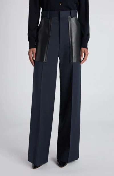 Bottega Veneta Leather Pocket Twill Wide Leg Pants In Blue