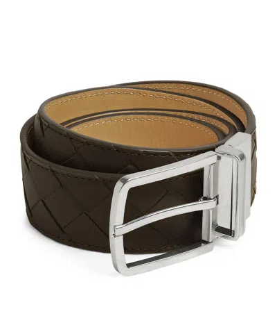 Bottega Veneta Leather Reversible Intrecciato Belt In Kaki/dark Praline