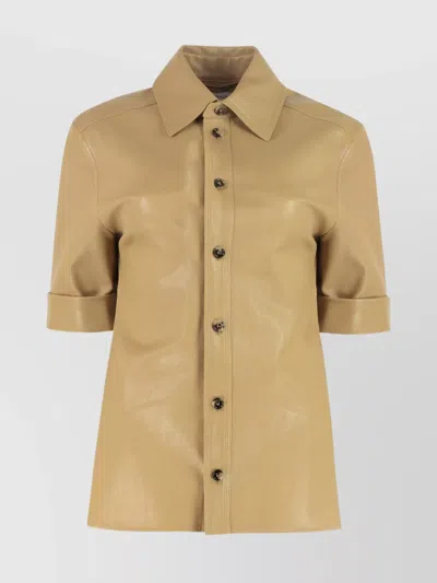 Bottega Veneta Leather Shirt With Short Sleeves And Collar In Orange
