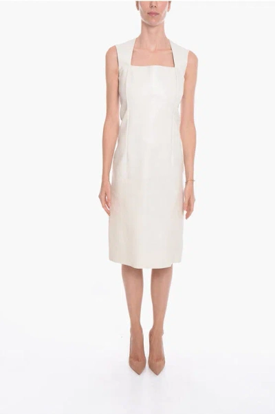 Bottega Veneta Leather Sleeveless Midi Dress With Squared Neckline In White