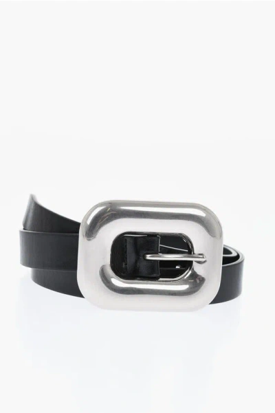 Bottega Veneta Leather Slim Fit Belt With Maxi Buckle 20mm In Silver