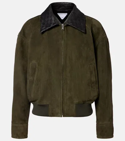 Bottega Veneta Intrecciato Leather-trimmed Suede Jacket In Green