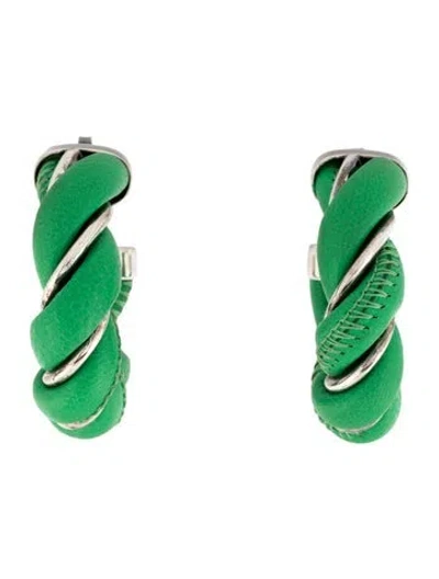 Pre-owned Bottega Veneta Leather Twist Hoop Earrings In Green