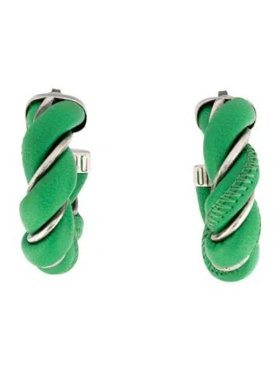 Pre-owned Bottega Veneta Leather Twist Hoop Earrings In Green