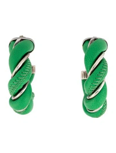 Pre-owned Bottega Veneta Leather Twist Hoop Earrings In Green