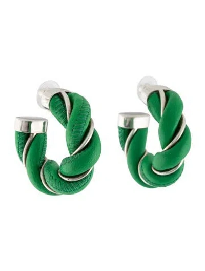 Pre-owned Bottega Veneta Leather Twist Hoop Earrings In Green