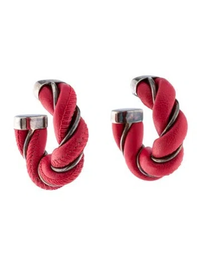 Pre-owned Bottega Veneta Leather Twisted Hoop Earrings In Red