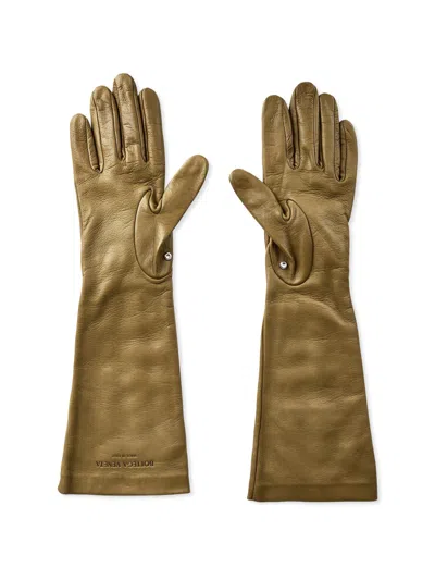 Bottega Veneta Leather With Embossed Logo Gloves In Gold