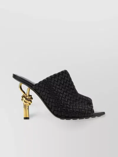 Bottega Veneta Leather Woven Mules With Metal Knot Heel In Black