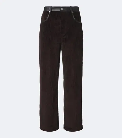 Bottega Veneta Straight-leg Leather-trimmed Cotton-corduroy Trousers In Brown