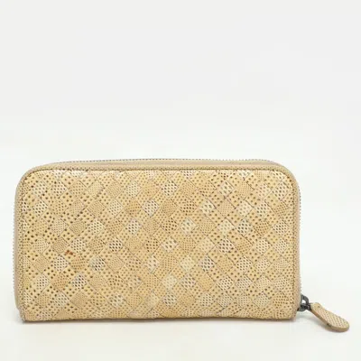 Pre-owned Bottega Veneta Lemon Washed Intrecciato Karung Leather Zip Around Wallet In Yellow