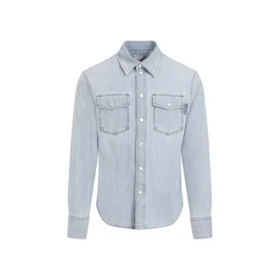 Bottega Veneta Light Blue Bleatch Cotton Shirt In White