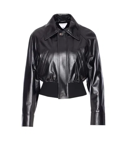 Bottega Veneta Short Lamb Leather Bomber Jacket In Black