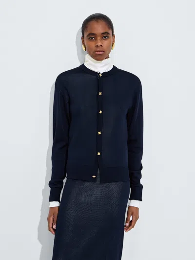 Bottega Veneta Lightweight Double-layer Silk-knit Cardigan With Square Knot Buttons In Blu