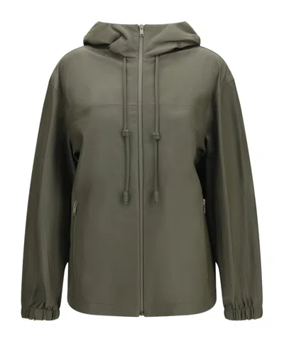 Bottega Veneta Lightweight Nappa Leather Jacket With Intrecciato Hood In Green