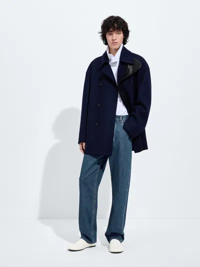 Bottega Veneta Lightweight Wide-leg Cotton Jeans With Embossed Leather Back Patch In Blu