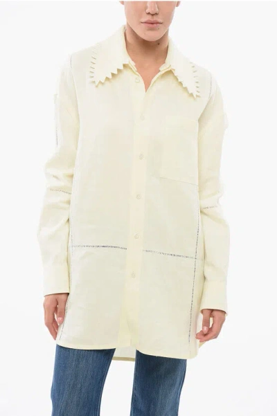 Bottega Veneta Linen Oversized Shirt With Embroidered Collar In Yellow