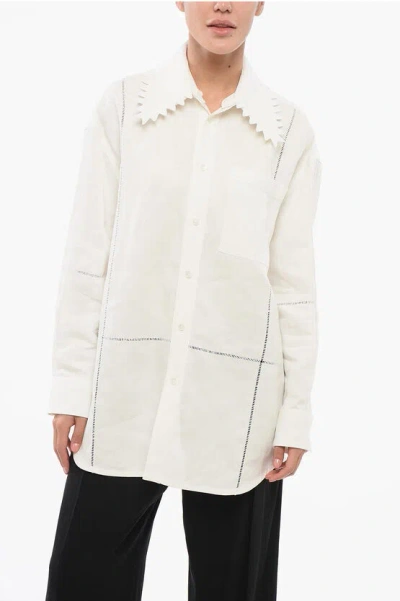 Bottega Veneta Linen Oversized Shirt With Embroidered Collar In White