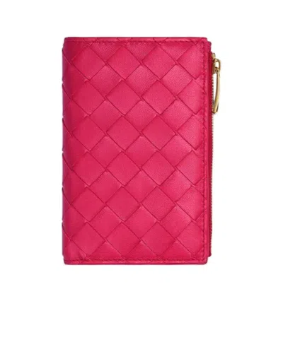 Bottega Veneta Logo Double Fold Zipper Wallet In Pink