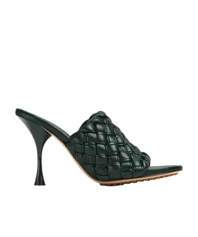 Bottega Veneta Logo Pleated Round Head Pleated High-heeled Sandals In Green