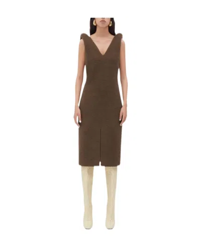 Bottega Veneta Logo V-neck Dress In Brown