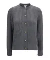 Bottega Veneta Grey Crewneck Cardigan With Knot Buttons Closure And Ribbed Knit In Wool Woman