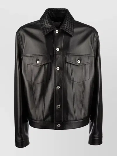 Bottega Veneta Long Sleeve Jacket Textured Collar Pockets In Black