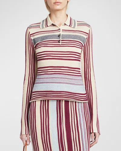 Bottega Veneta Long-sleeve Stripe Linen Rib Polo Sweater In Grafitnero