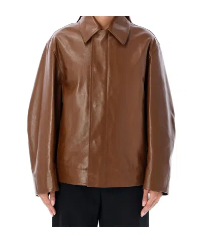 Bottega Veneta Long-sleeved Leather Jacket In Brown