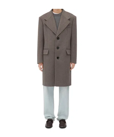 Bottega Veneta Long-sleeved Wool Cashmere Coat In Pepper Color