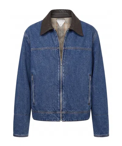 Bottega Veneta Medium Blue Denim Jacket With Intrecciato Leather Collar