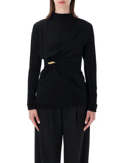 Bottega Veneta Long-sleeve Draped High-neck Top With Waist Detail In Yellow