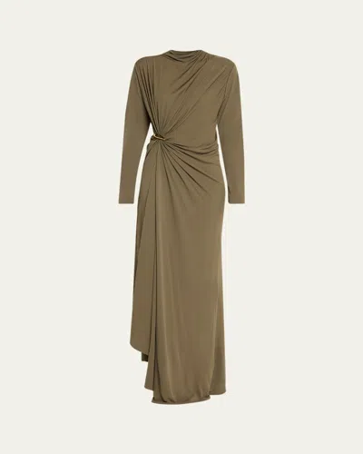 Bottega Veneta Long-sleeve Draped Matte Crepe Maxi Dress In Green
